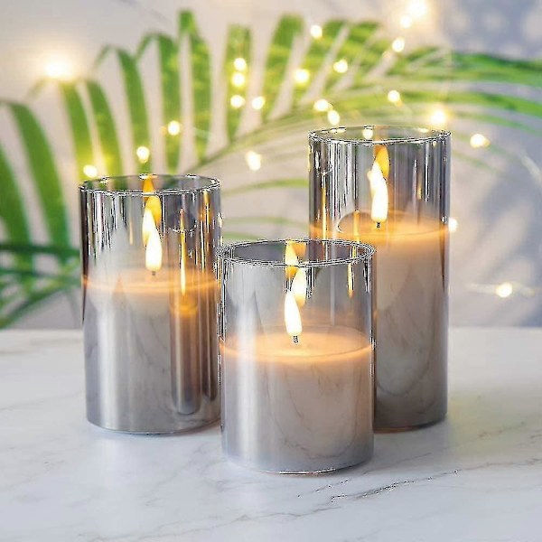 Sølvgrå Glass Flammeløse Flimrende Lys med Fjernkontroll, 3-pakning Realistiske LED-Lys 3\" H 4\" 5\" 6\"