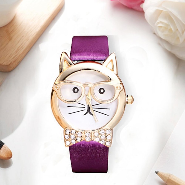 Söt Kattansikte Rund Urtavla Strass Konstläder Analog Quartz Armbandsur[HK] White