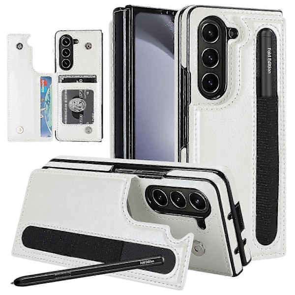Læder RFID-blokerende Flip Folio Wallet Case til Samsung Galaxy Z Fold 6 med S Pen Holder Kort Slot Stand[HK] white
