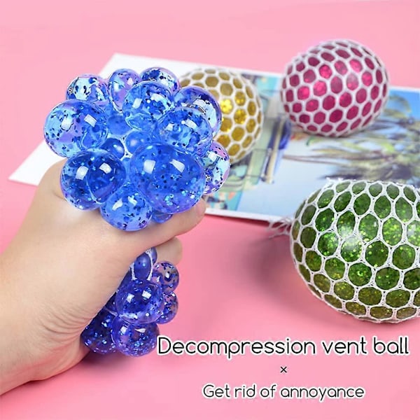 Klemmebold med net, pakke med 4 Squishy Mesh-bolde, Klemmebold i net, Glitter, Stressbold Fidget-legetøj, Anti-stress legetøj [HK]