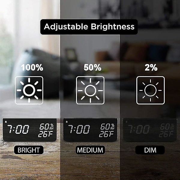 Digital väckarklocka, med elektronisk LED-tidsvisning i trä, 3 larminställningar (YJD)