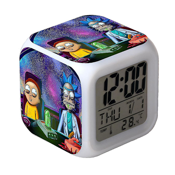 Piirretty Rick ja Morty -tyylinen mykistettävä yövalo LED-värimuutosfunktiolla, värikäs piirretty herätyskello syntymäpäivälahjaksi [XH]