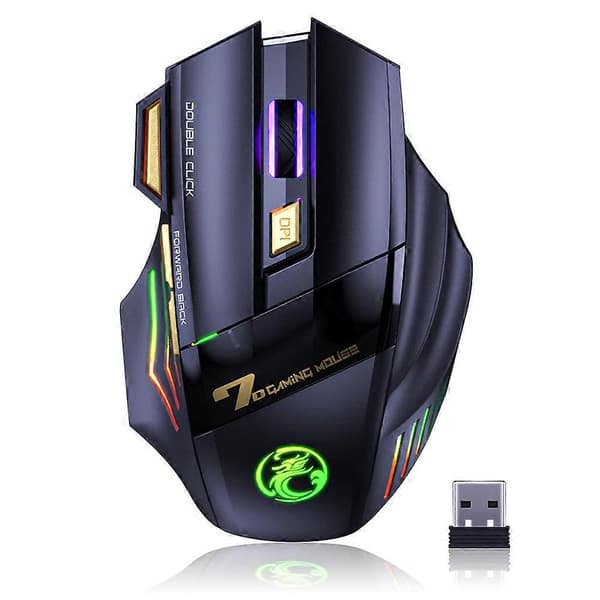 Genopladelig trådløs gamingmus med justerbar DPI, ergonomisk design, 7 programmerbare knapper, lydløst klik og dynamisk LED-farve til tilpasning