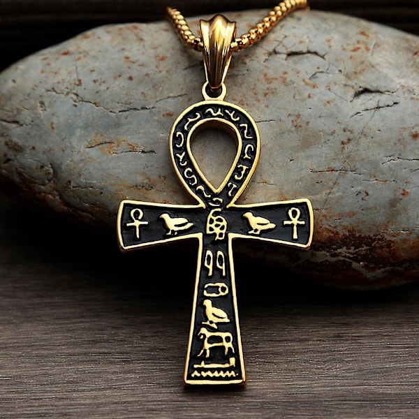 Mote Ankh Korskjede i Antikk Egyptisk Stil for Menn - Rustfritt Stål Gullfarget/Sølvfarget Biker Smykke Amulet (YJD) Black Pendant Only