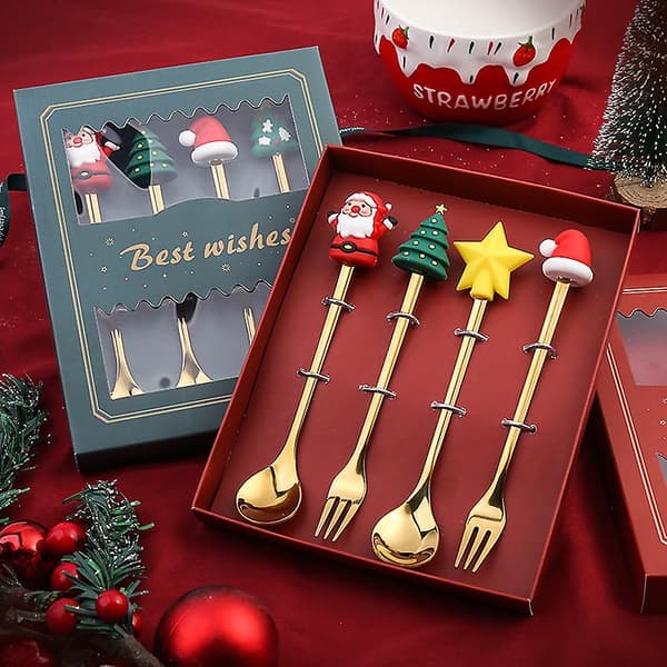 4st 6st Julklapp Bestick Sked Gaffel Set Älg Träd Dessertsked Fruktgaffel[YJD] Gold D