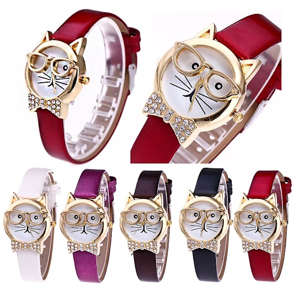 Sød Katteansigt Rund Urskive Rhinestone Kunstlæder Analog Quartz Armbåndsur[HK] Coffee
