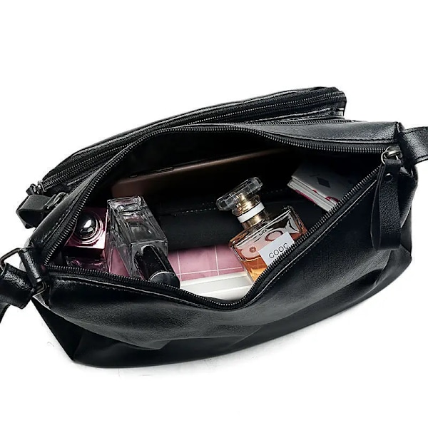 Damväska i mjukt läder med flera lager, trendig enkel axelremsväska, rymlig crossbody-väska Black
