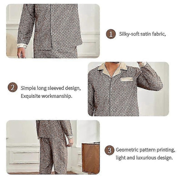 Herr Stain Silk Pyjamasset Pyjamas Herr Sovkläder Tryckt Siden Nattlinne Hem Man Satin Mjuk Bekväm Sovpyjamas[HK] XL Champagne