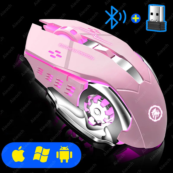 Genopladelig Trådløs Mus Gaming Computer Støjsvag Bluetooth Mus USB Mekanisk E-Sports Baggrundslys PC Gamer Mus Til Computer(YJD) Pink