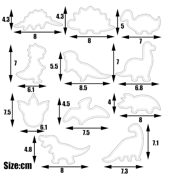 Dinosaurusten keksimuotit, fondant-keksimuotit sopivat lasten leivontaan, ruostumattomasta teräksestä valmistettu keksimuotisarja, Dinosaurusten keksimuotit (YJD) 11pcs