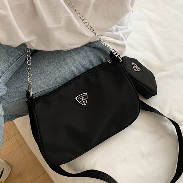 Kvinders Casual Letvægts Håndtaske Sæt Nylon Crossbody Taske 2 i 1 Black