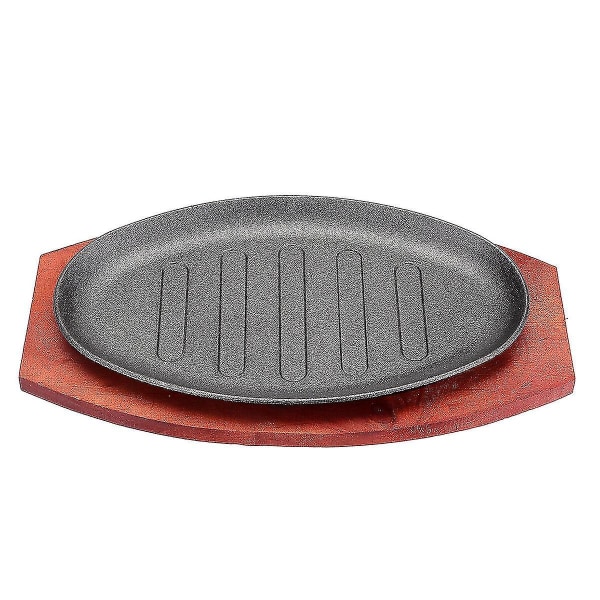 3 Størrelser Støbejern Steak Fajita Sizzling Platter Plade Bbq Grillpande Madlavning Træholder Hh20  (YJD) 10 inch