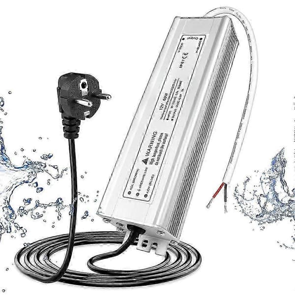 LED-driver 12V 60W, Vanntett utendørs driver med plugg, LED-strømforsyningsdriver 230V til DC12 Volt-adapter, EU[YJD] Silver
