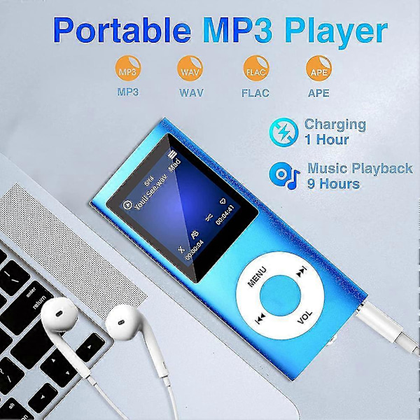 Mp3-spiller med Bluetooth 5.0, musikkspiller med 32 GB TF-kort, FM, øretelefoner, bærbar HiFi-musikkspiller (blå) (YJD) Blue