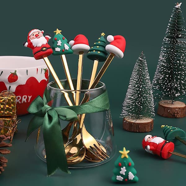 4st 6st Julklapp Bestick Sked Gaffel Set Älg Träd Dessertsked Fruktgaffel[YJD] Gold D