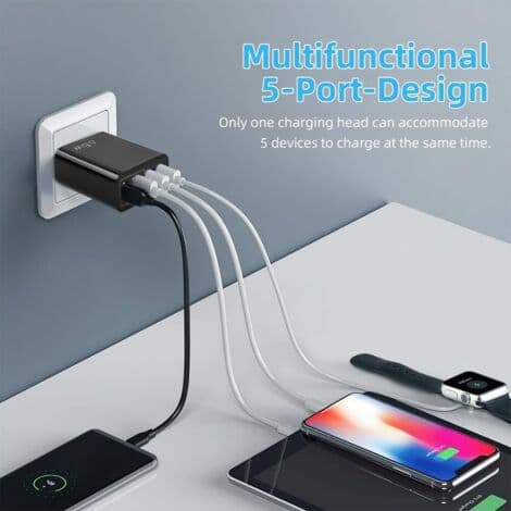 65W rask USB-C-lader – 5 porter: 2 USB-C PD20W, 2 USB, 1 QC 3.0 – Samtidig lading for iPhone, MacBook, Galaxy (svart)[YJD]