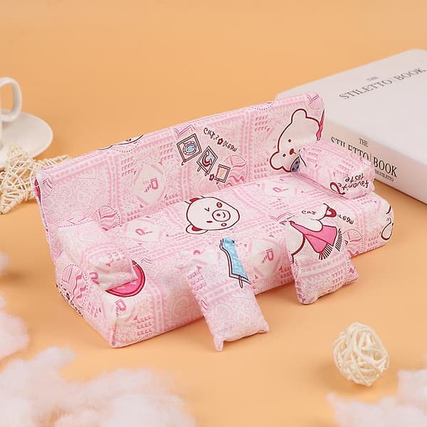 Dukkehus Liten Blomstret Stoff Sofa Sett Møbler Med 2 Puter Dukke Tilbehør[YJD] Pink