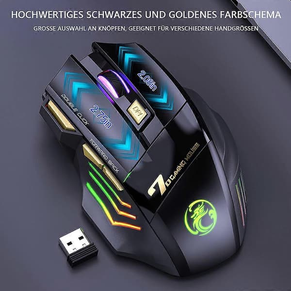 Genopladelig trådløs gamingmus med justerbar DPI, ergonomisk design, 7 programmerbare knapper, lydløst klik og dynamisk LED-farve til tilpasning