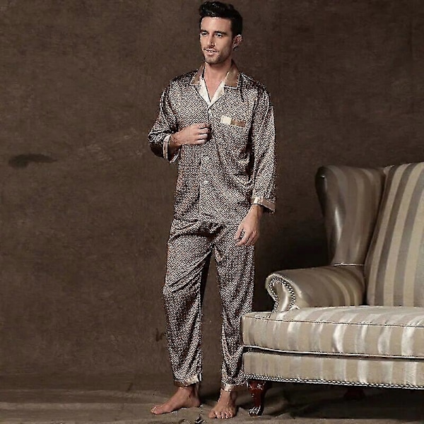 Herr Stain Silk Pyjamasset Pyjamas Herr Sovkläder Tryckt Siden Nattlinne Hem Man Satin Mjuk Bekväm Sovpyjamas[HK] XL Champagne