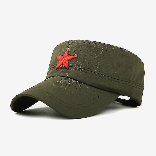 Militær Kasket Rød Stjerne Broderi Kasket Militær Hat Hærgrøn Flade Hatte Til Mænd Kvinder Vintage Knogle Mandlig Kvindelig Hær Solhat (YJD) Army Green