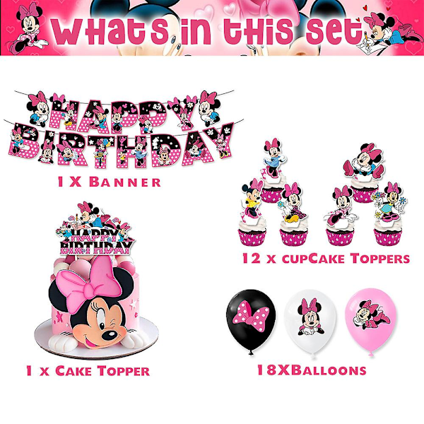 Minnie Mouse-tema Barnefest Dekorsett Banner Ballonger Kake Topper Kit (YJD)