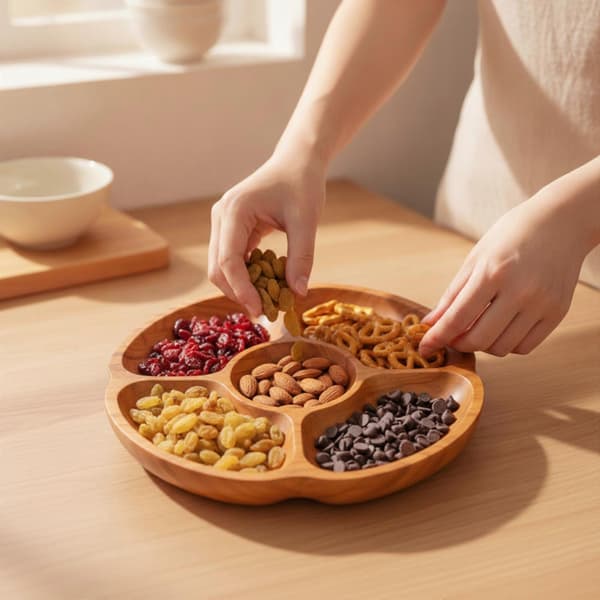 Rundt snackfat i trä med fack, 5-delat [YJD]