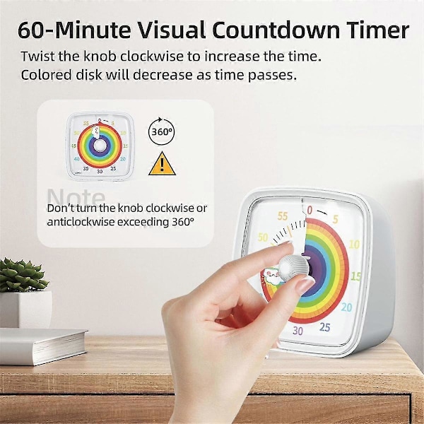 60-minutters visuell timer med nattlys, nedtellingstimer, Pomodoro-timer med regnbue-mønster for barn (YJD) White