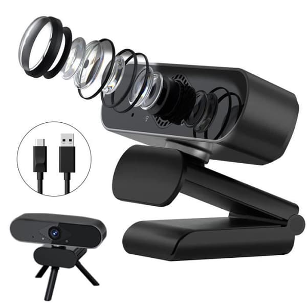 UVERBON 2K Full HD PC Webcam med autofokus, støjreducerende mikrofon, 360° rotation, Windows, Mac, Android + stativ [YJD][YJD]