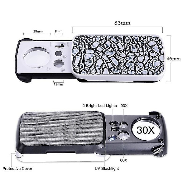 30x 60x 90x Seddelinspeksjon LED-lys Tegne Folding Antikk Identifikasjon Smykker Diamant Jade Forstørrelsesglass Smaragd (YJD) Silver