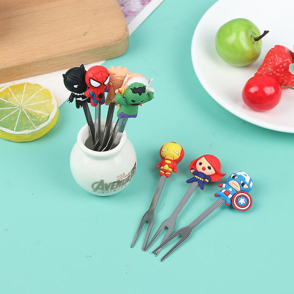 8 st Mini Hero rostfritt stål tecknade barn fruktgafflar Söta festgaffelset