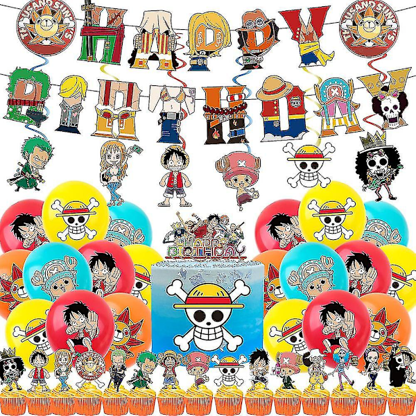 One Piece Anime Temafest Tilbehør Ballonger Banner Kake Toppers Sett Hjem Dekorasjon Gaver (YJD)