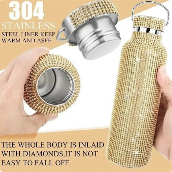 Diamant Vannflaske i Rustfritt Stål, Bærbar Glitter Rhinestone Vannflaske, Krysskropp Bling Termisk Kolbe 600ml C