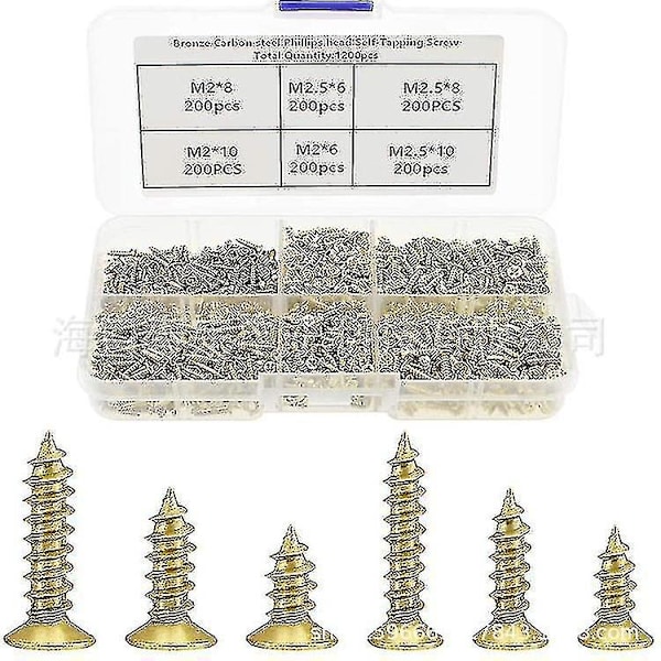 1200-pack Små Stålplatt-Huvud Träskruvar 5mm 6mm 7mm 8mm 10mm Guld Små Träskruvar Med Organiserad Låda