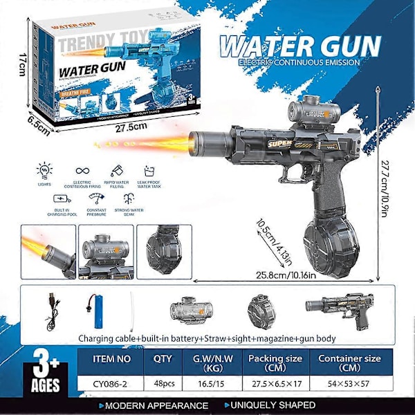 Elektrisk vattenpistol, lång räckvidd, automatisk vattensprutpistol med belysning, vattenblaster för barn och vuxna [YJD] Blue