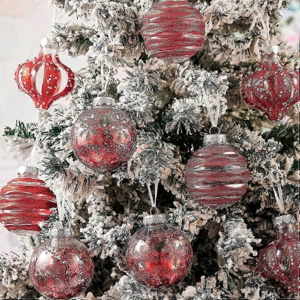 Julekulesett, 9-delt knusesikkert sett med klare røde glitterkuler for julepynt[YJD]