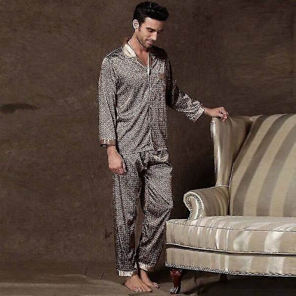 Herr Stain Silk Pyjamasset Pyjamas Herr Sovkläder Tryckt Siden Nattlinne Hem Man Satin Mjuk Bekväm Sovpyjamas[HK] XL Champagne