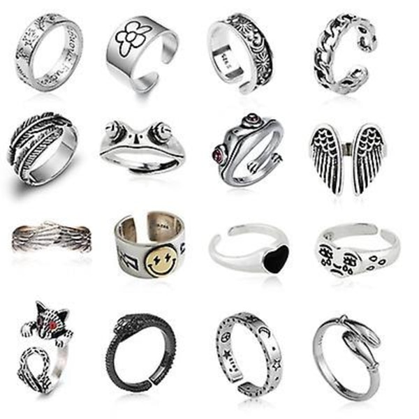 16 st Silverpläterade Grodringar Set, Söta Djur Öppna Ringar Pack, Vintage Goth Y2k Matchande Ringar, Söta