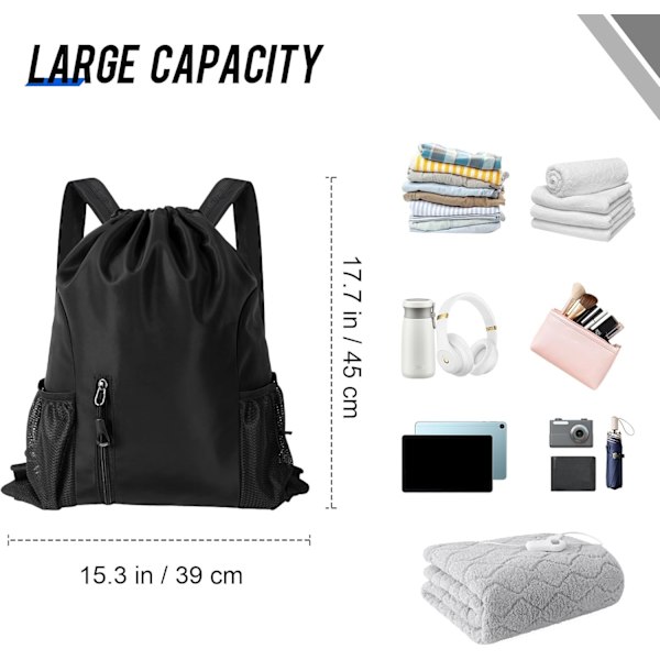 Tau Ryggsekker, Vanntette Sportslige Lettvekt Nylon Ryggsekk Treningsbag med Trekkstreng for Menn Kvinner, Treningsbag for Sport Svart Black