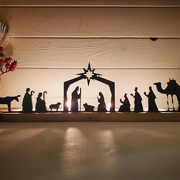 Julkrubba Ljusstake Metall Silhuett Trä Ljusstake Jesu Födelse Ornament Julgåvor Hantverk Heminredning (YJD)