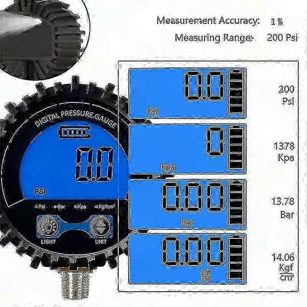 Noggrann däcktrycksmätare med LCD-display och gängad anslutning [YJD]