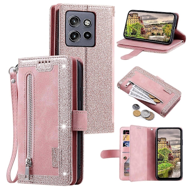 Til Motorola Edge 50 Neo 5G Etui PU Læder Telefon Cover med Lynlås Pung 9 Kort Slots[HK] Rose Gold