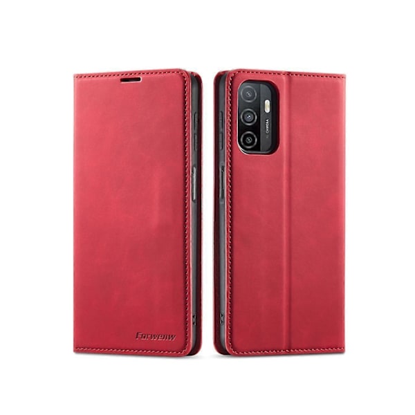 Samsung Galaxy A32 5G Fodral, Premium PU Läder Omslag TPU Stötfångare med Korthållare Ställ Dold Magnetisk Stötsäker Flip Plånboksfodral [HK] Red