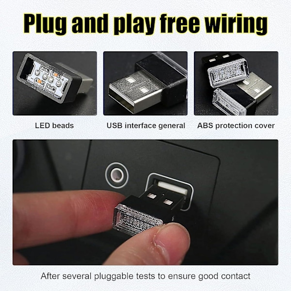 4 stk USB LED Bil Interiør Atmosfærisk Lampe, Bærbar Mini LED Natlys, Plug-in USB Interface Bagagerums Ambientebelysningssæt (rød)