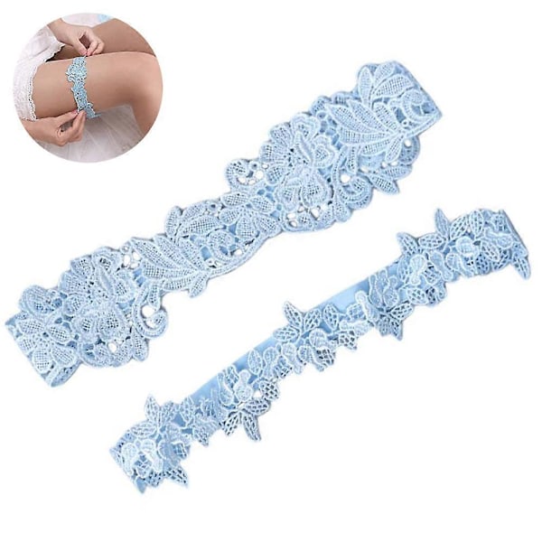 Komplettera Din Bröllopslook med 2 st Bröllopsspetskant Bröllopsstrumpband - Elegant Satinrosett för Brudar[HK] Light Blue