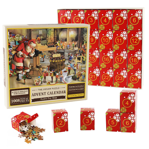 Sent fra Sverige Puslespil Julekalender 2024, 1008 puslespilsbrikker 24 dage Legetøjsbutik Jigsaw puzz_v (YJD) 800 TOY SHOP julnedräkning julkalender a