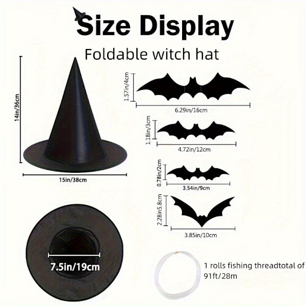 12 svarta häxhattar i polyester, plus 60 fladdermusväggdekorationer och snören, Halloween-kostymhäxtillbehör, lämpliga för Halloween-fest (YJD) 12 witch hats and 60 bats