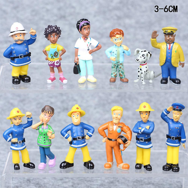 12-pack Fireman Sam Figurer Leksak Borddekoration Tårta Toppers Dekoration Cartoon Dockor Barnfödelsedagspresent (YJD)