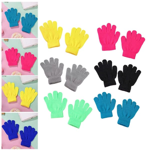 6 par Vinterstickade helfingerhandskar för barn Neon Enfärgad Varma Vantar[YJD] Gray