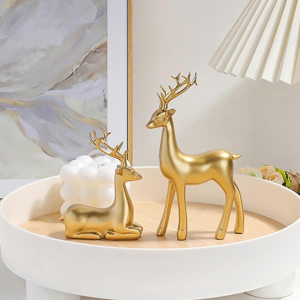 Fridja 2 st Ren Skulptur Gyllene Harts Jul Älg Statyer Dekor för Vardagsrum, Sovrum, Bokhylla, Skrivbord, Skåp[YJD] E