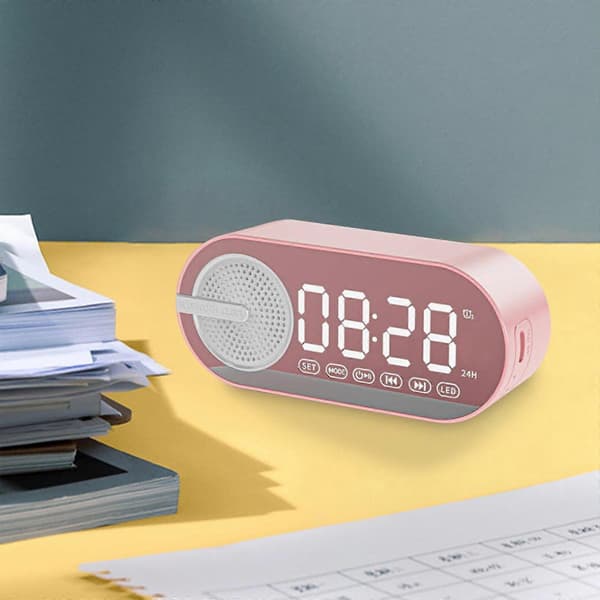 Väckarklocka för barn med stor LED-display, atomisk tidssynkronisering, Bluetooth-högtalare – kompatibel med iOS/Android[YJD] Pink